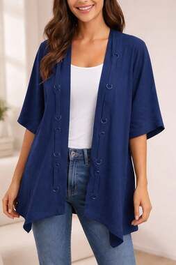 Chico's Navy Blue Nautical Grommet Detail Open Front Ruana Cardigan Sweater